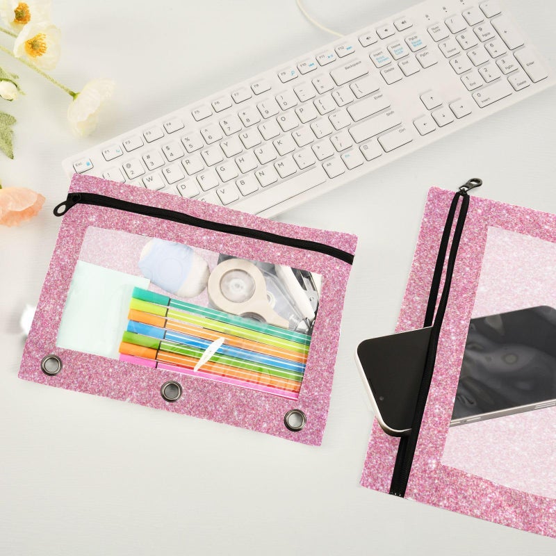 Kcldeci Pencil Pouch for 3 Ring Binder  Pink Glitter Binder Pouches with Zipper Bulk  Pen Holder Case with Clear Window School Class Office Organizers  2Pack - Image 4